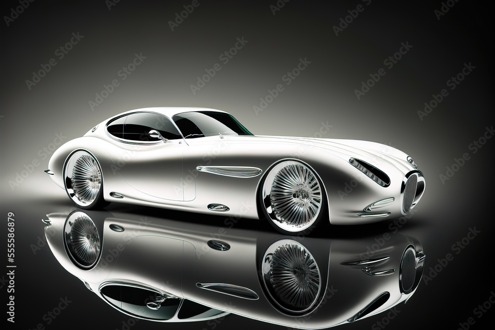 Poster a silver car is shown in a black background with a reflection on the floor and a black background be