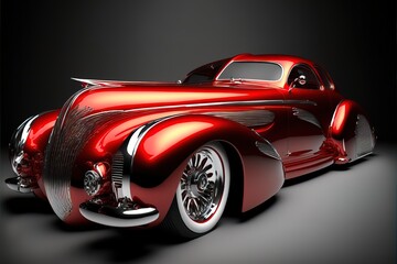  a red car with a shiny chrome finish on it's body and hood is shown in a black background. Generative AI