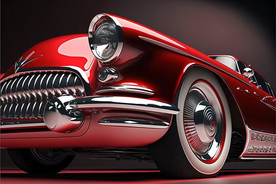  a red car with a chrome rim and a chrome hood and wheels is shown in a black background with a red background. Generative AI