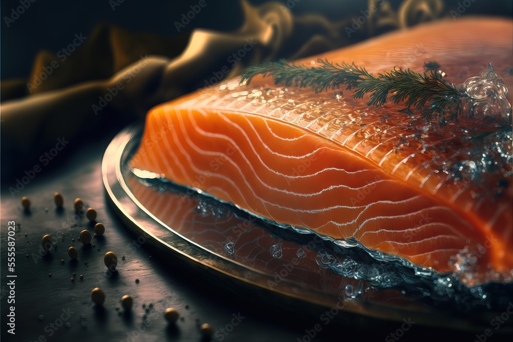 Poster a piece of salmon on a plate with a knife and some spices on the table next to it and a banana. gene