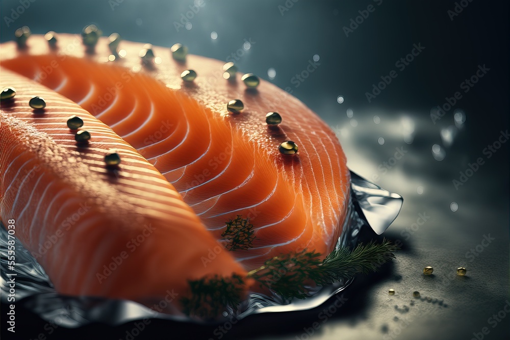 Poster a plate of salmon on a table with a knife and some spices on it and a few other pieces of salmon on 