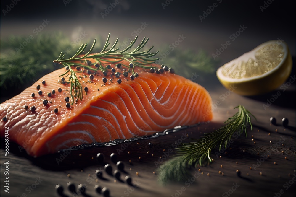 Poster a piece of salmon with a sprig of rosemary on it and a lemon slice on the side. generative ai