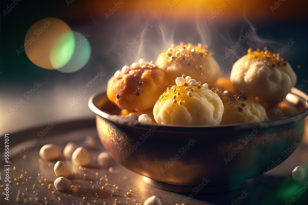 Poster a bowl of food with sprinkles on it and a spoon in it on a table with a blurry background. generativ