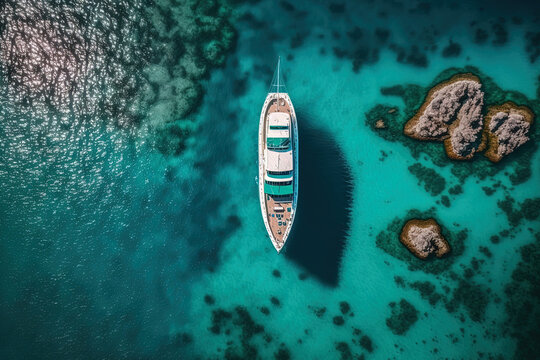 aerial shot of a yacht on a clear blue ocean. Photo taken by a drone. Generative AI