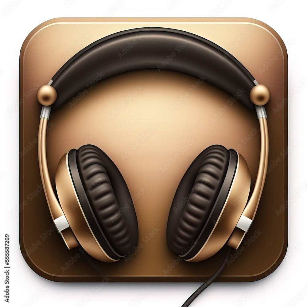 Aufkleber a pair of headphones sitting on top of a square button with a cord in it's ear. generative ai