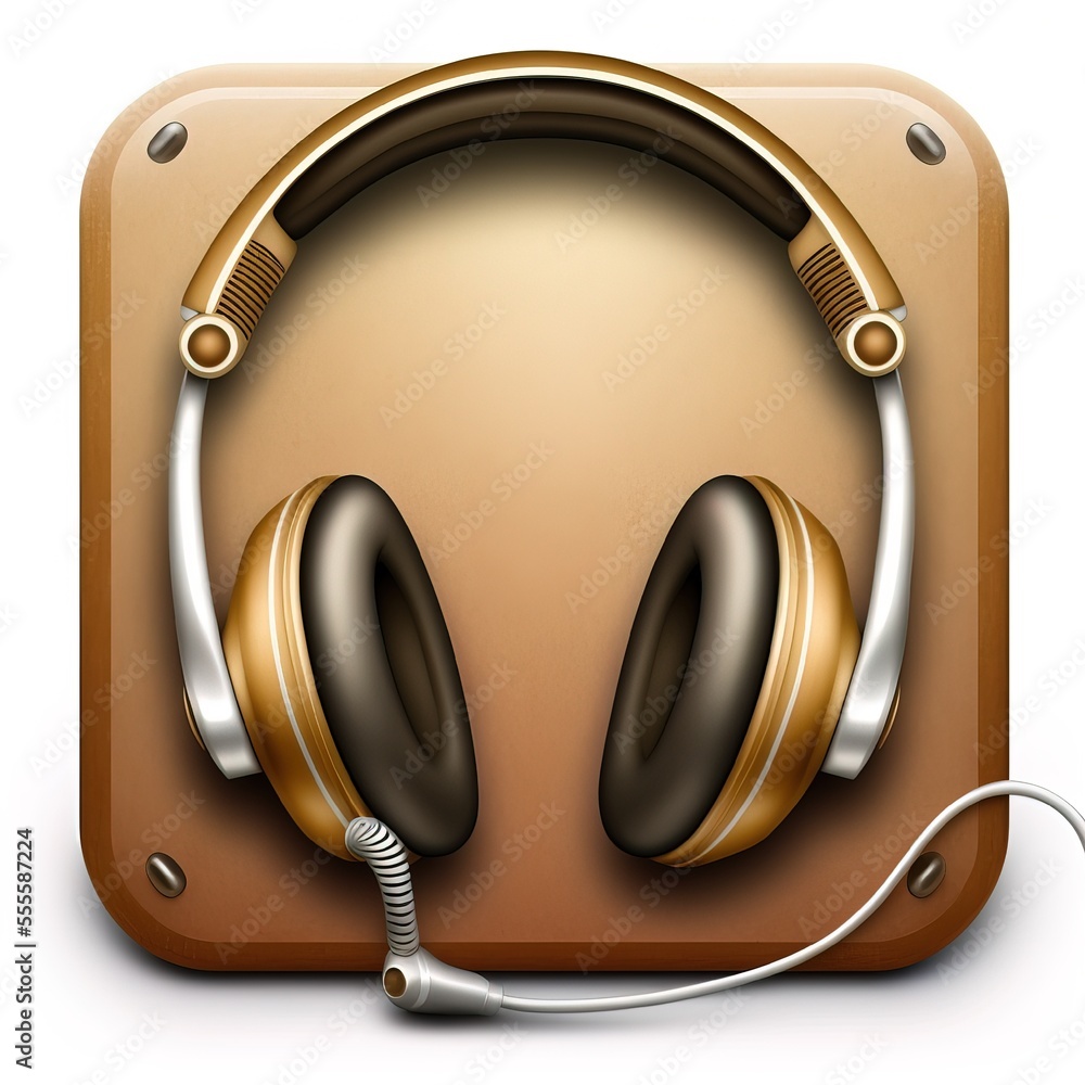 Poster a pair of headphones sitting on top of a brown square button with a cord in it's ear. generative ai