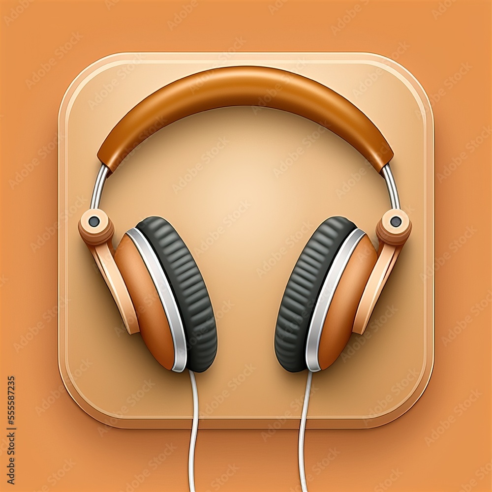 Poster a pair of headphones sitting on top of a square button with a cord in it's ear. generative ai