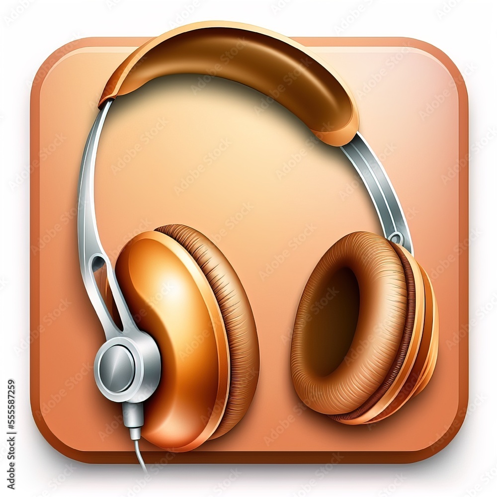 Poster a pair of headphones with a brown background and a square button with a silver frame and a brown squ