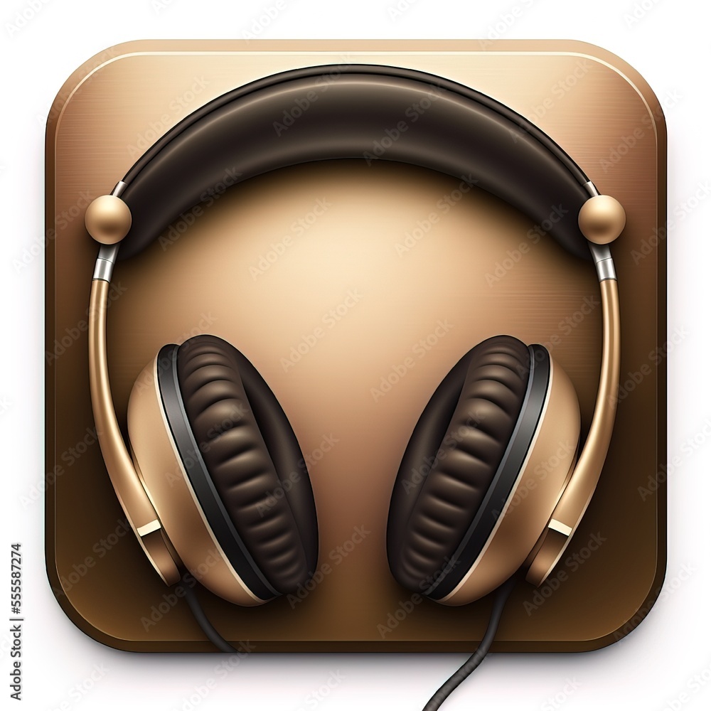 Aufkleber a pair of headphones sitting on top of a square button with a cord in it's ear. generative ai