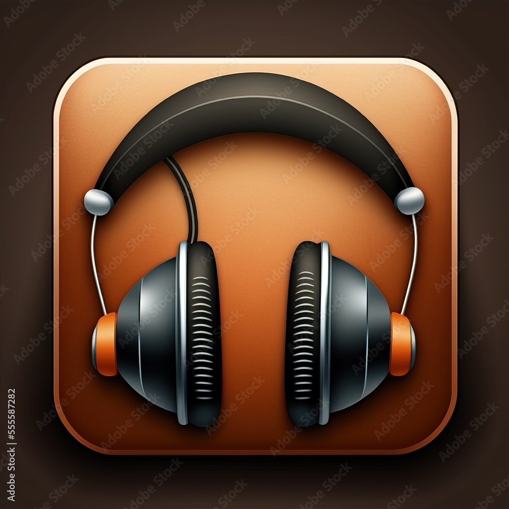 Poster a square icon with headphones and a brown background with a black square button with a brown square 