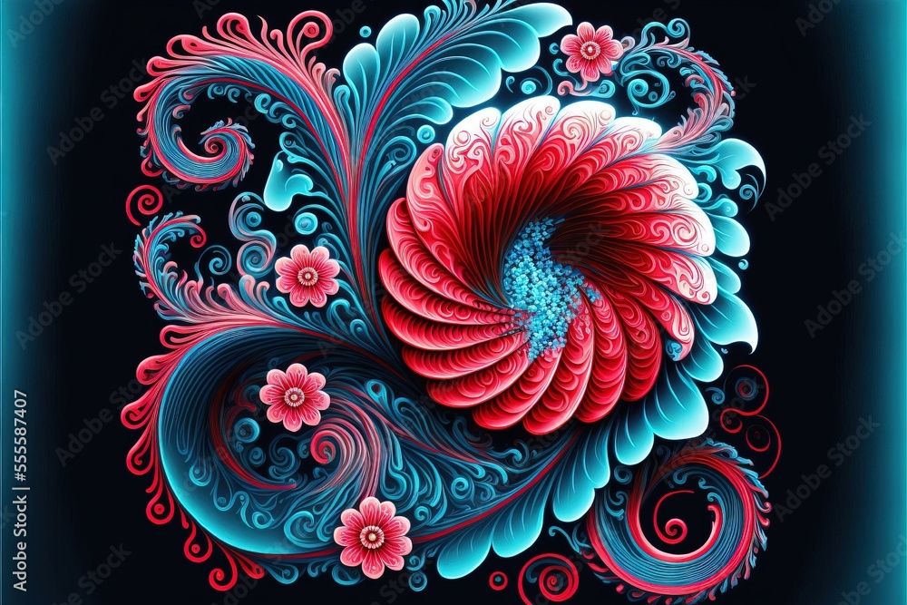 Poster a colorful flower with swirls and flowers on a black background with a blue border around it and a b