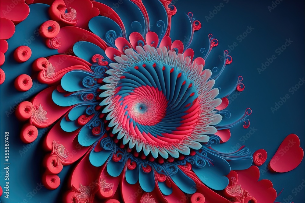 Poster a computer generated image of a spiral design with hearts on a blue background with red and blue col