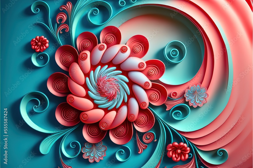 Poster a computer generated image of a flower with swirls and waves on a blue background with a red center.