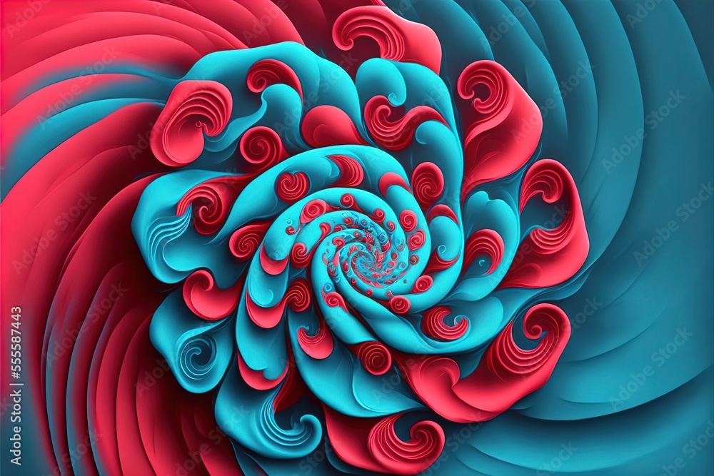 Poster a computer generated image of a red and blue flower with swirls and bubbles in the center of the ima