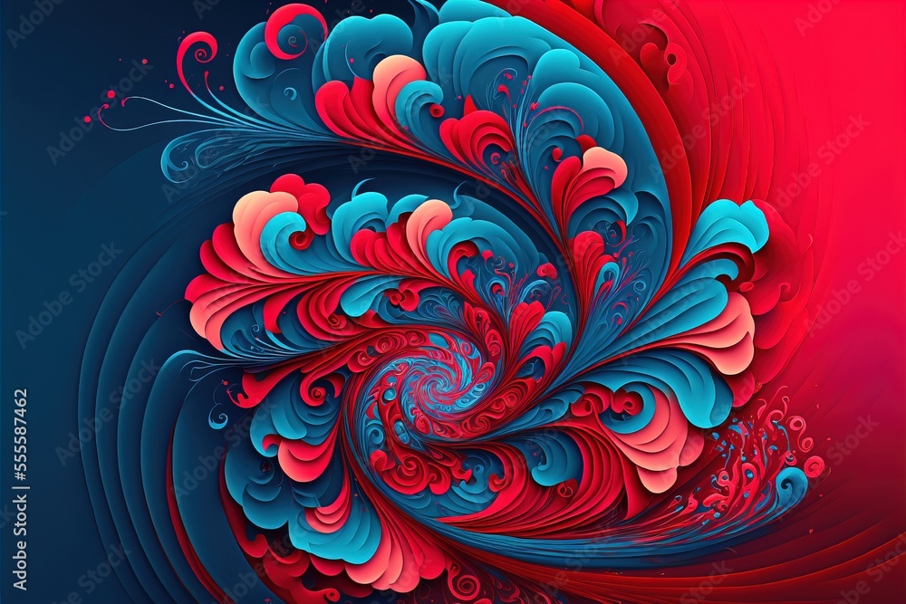 Poster a red and blue abstract background with swirls and bubbles on a blue background with a red center an