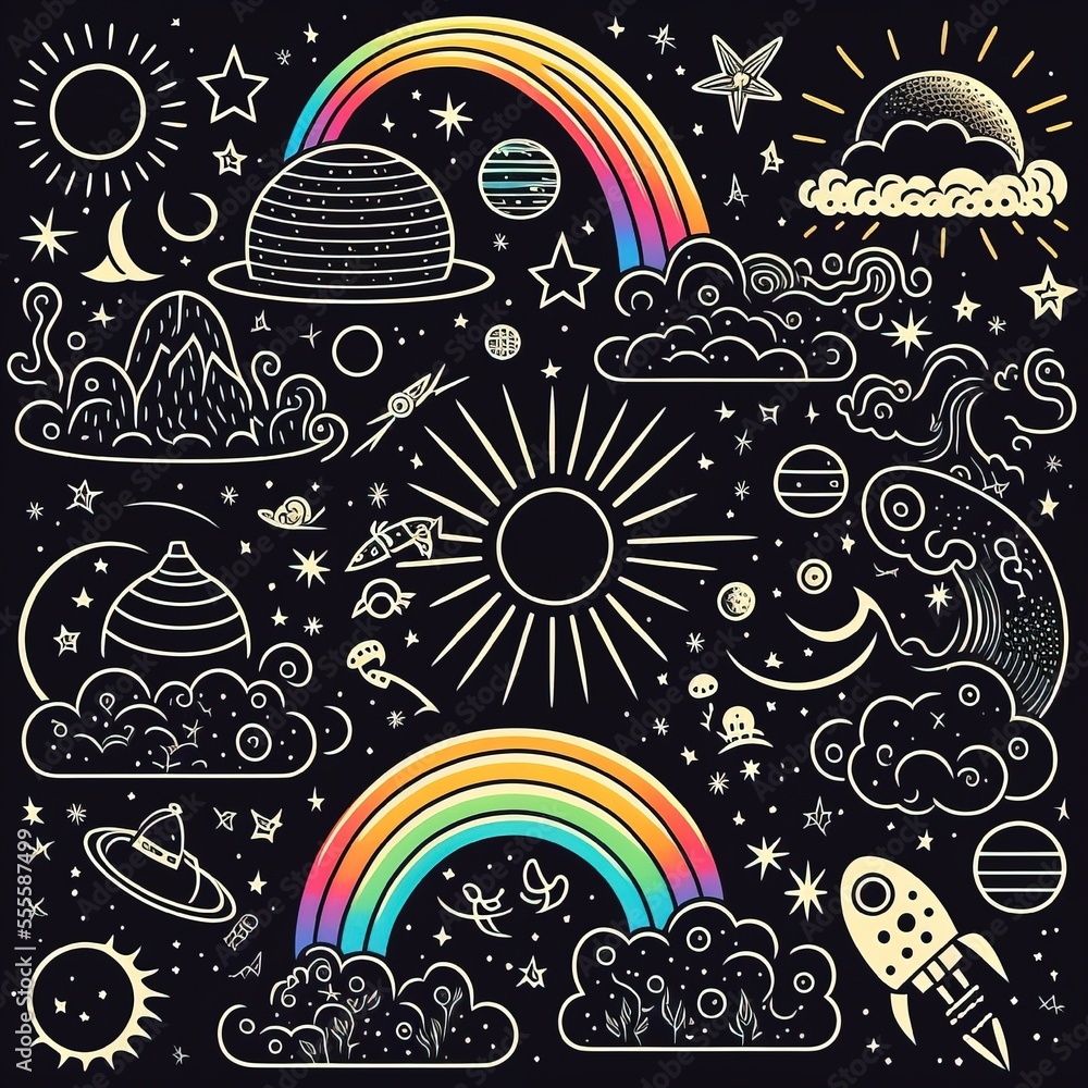Poster a drawing of a rainbow and planets with stars and clouds in the background. generative ai