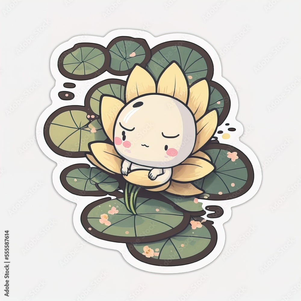 Poster a sticker with a cartoon character sitting on a lily pad with leaves around it and a thought bubble 
