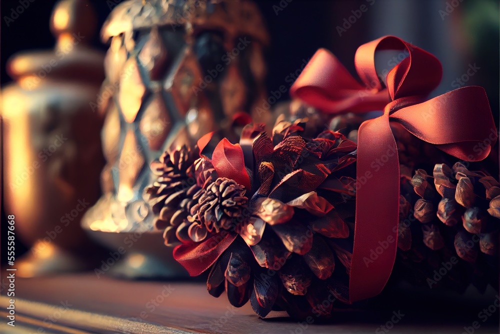 Poster a pine cone with a red ribbon on a table next to a vase with a pine cone on it. generative ai