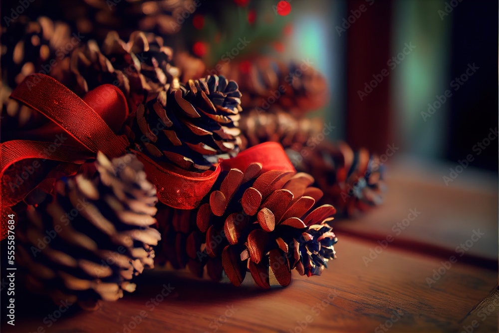 Poster a bunch of pine cones with red ribbons on them sitting on a table next to a window with a christmas 