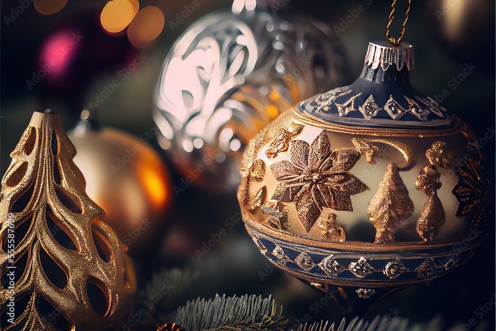 Poster a group of ornaments sitting on top of a table next to a christmas tree with lights in the backgroun