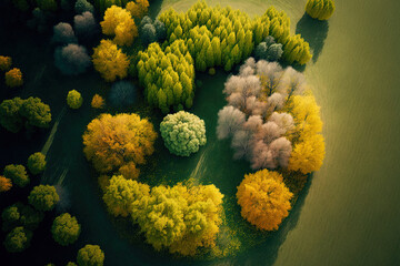 aerial view of a grassy area next to a forest with trees that have both yellow and green leaves. Generative AI