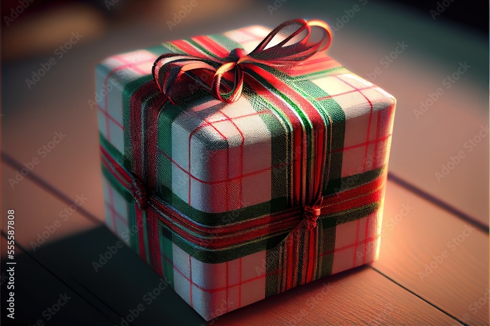 Poster a wrapped present box with a bow on a table top with a shadow of a person in the background. generat