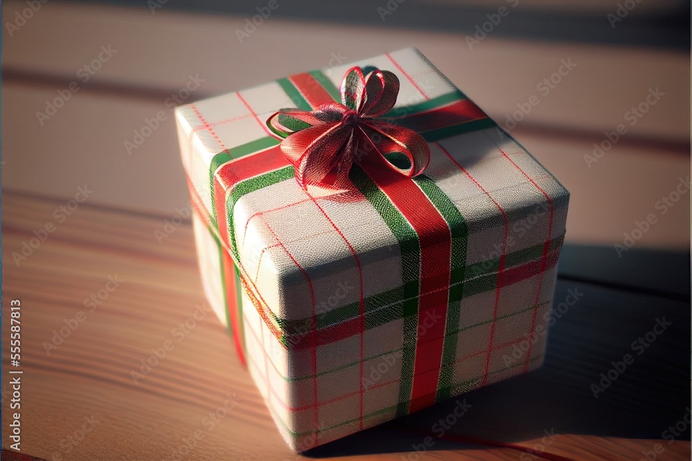 Poster a wrapped present box with a red bow on a table top with a wooden table top in the background. gener