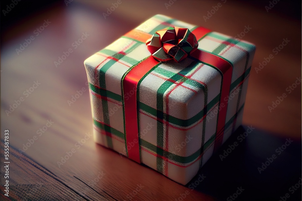 Poster a wrapped present box with a red bow on a table top with a wooden floor in the background and a blur