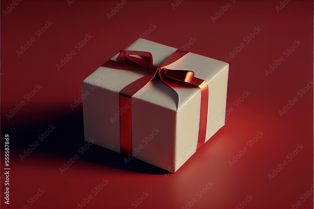 Poster a white gift box with a red ribbon on a red background with a red bow on it's top. generative ai