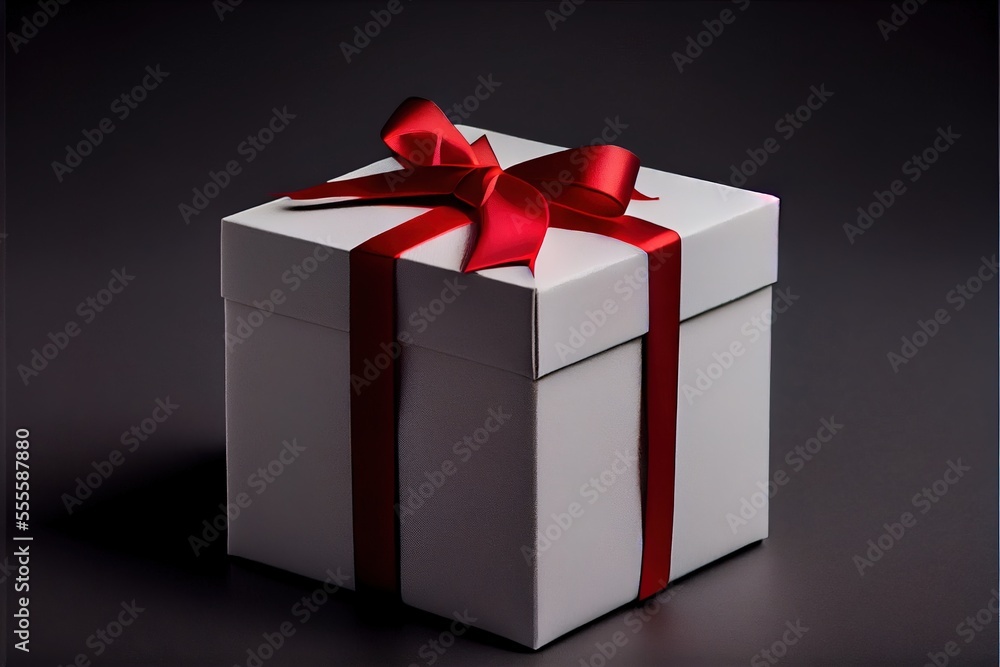 Poster a white box with a red ribbon and a bow on it's side. generative ai