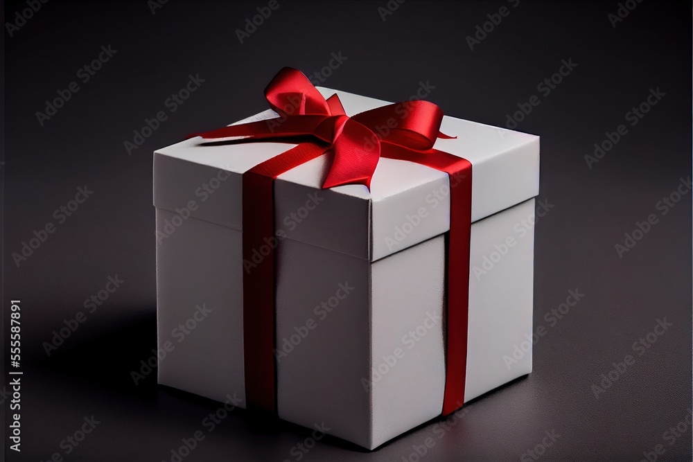 Poster a white box with a red ribbon and a bow on it's side. generative ai