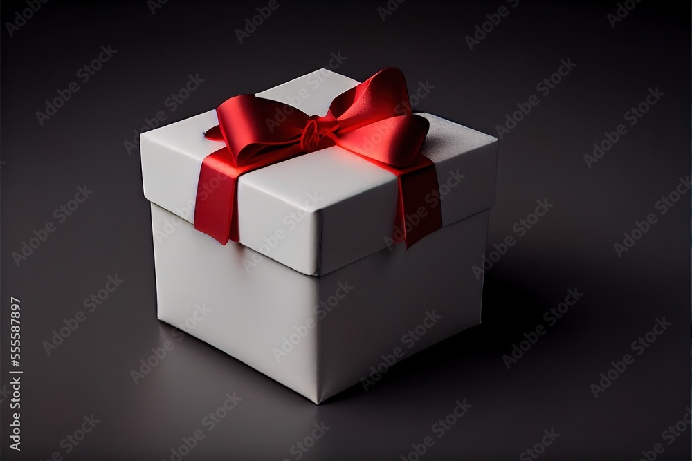 Poster a white box with a red bow on it's lid and a black background with a reflection of the box. generati
