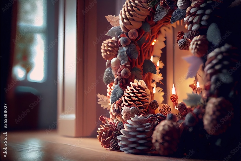 Poster a wreath with pine cones and candles on a table next to a window with a lit candle in it. generative