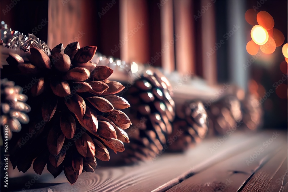 Poster a pine cone is sitting on a table next to a candle light and a window sill with a blurry background.