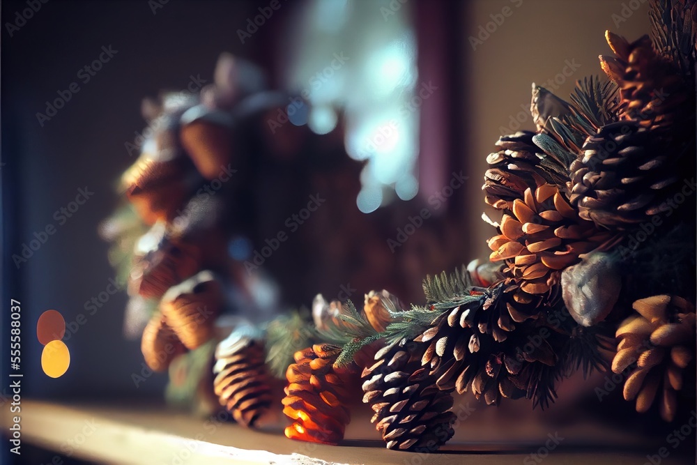 Poster a pine cone is sitting on a shelf next to a mirror and a candle is lit in the background. generative