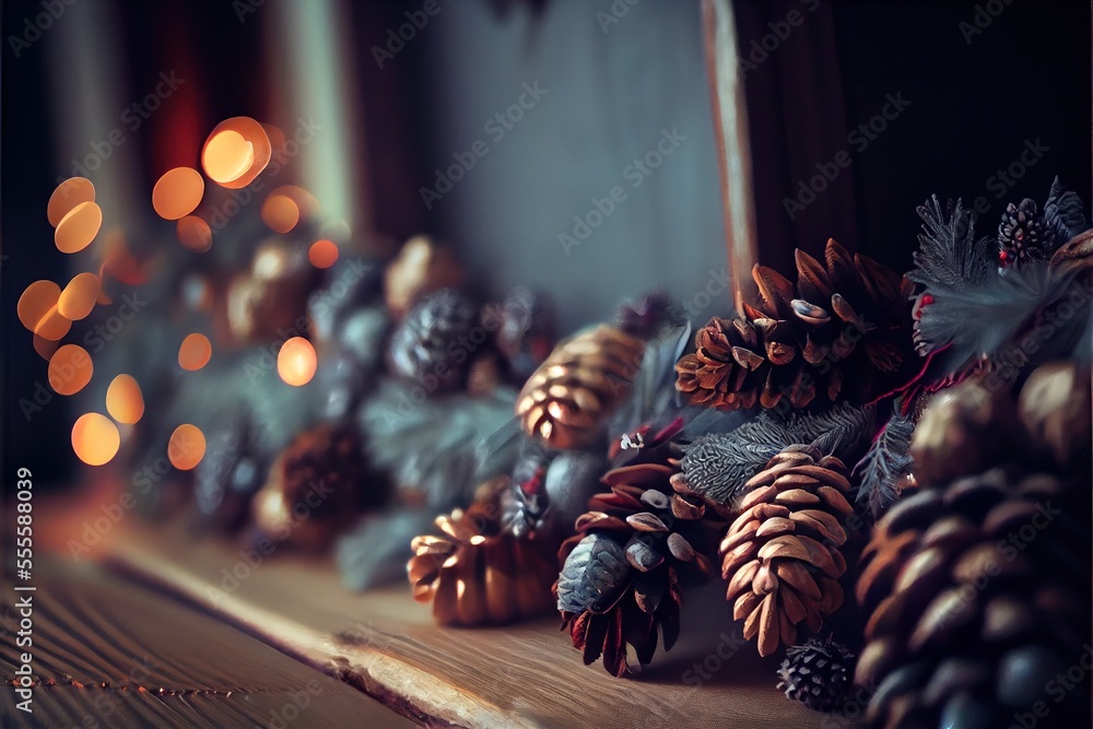Poster a close up of pine cones and pine cones on a table with a christmas tree in the background and a blu