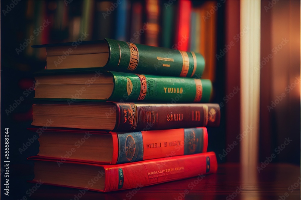 Poster a stack of books sitting on top of a wooden table next to a book shelf filled with books and a candl