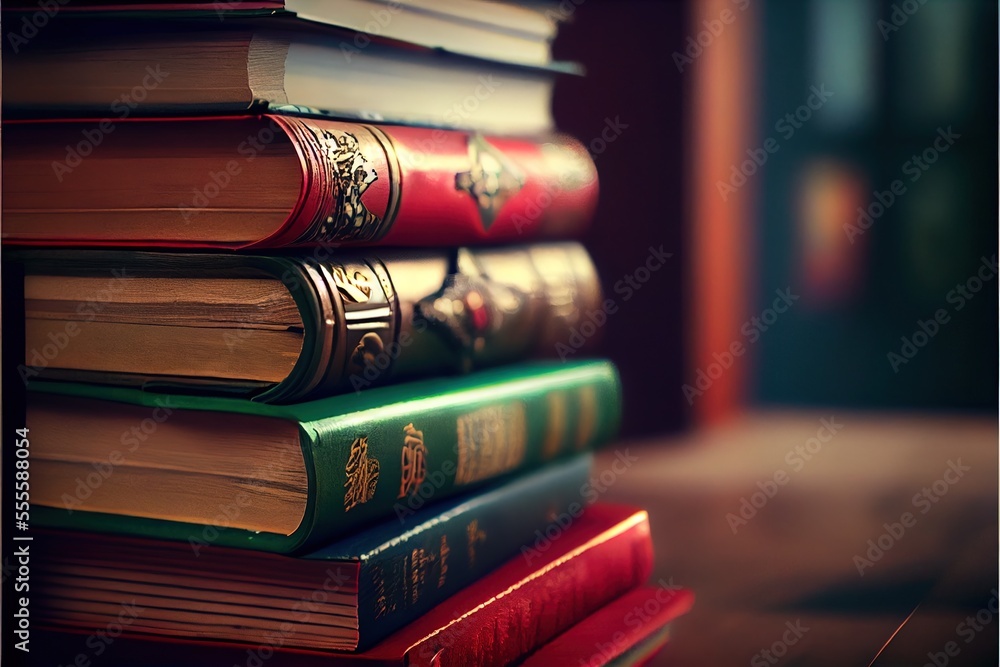 Poster a stack of books sitting on top of a wooden table next to a window with a curtain in the background.