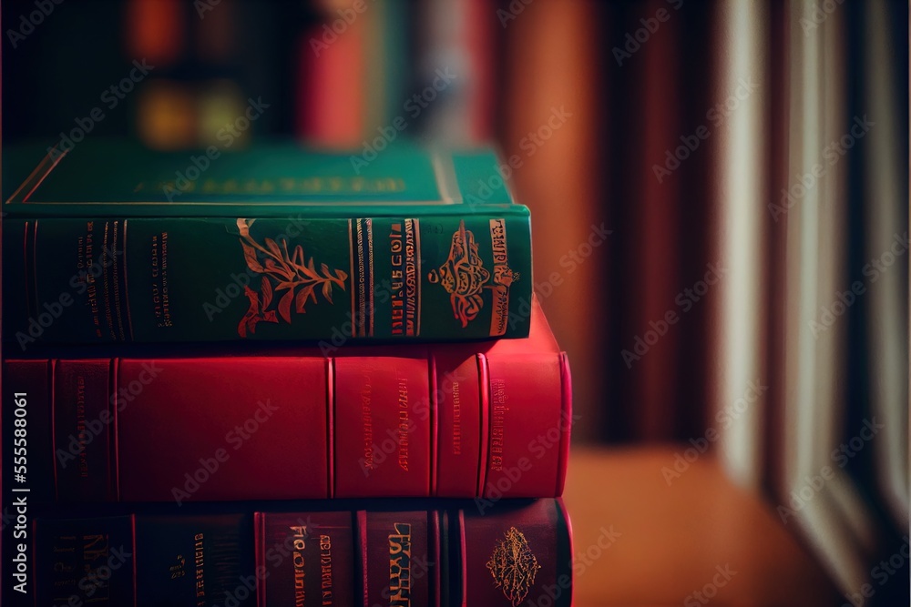 Poster a stack of books sitting on top of a table next to a window sill with curtains behind it. generative