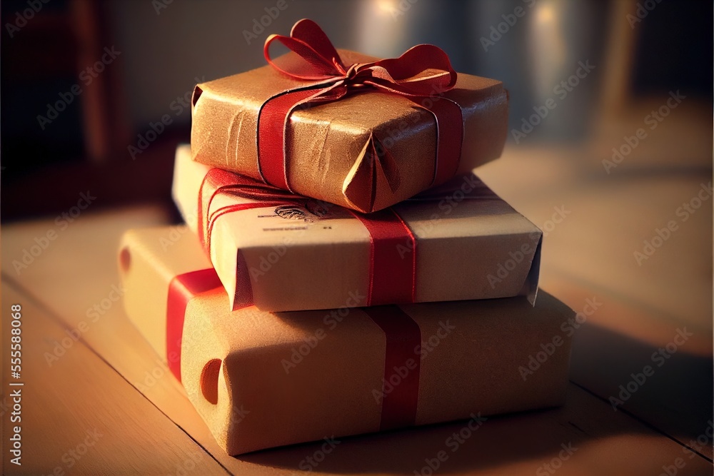 Poster three wrapped presents stacked on top of each other on a table with a red ribbon on the top of the b
