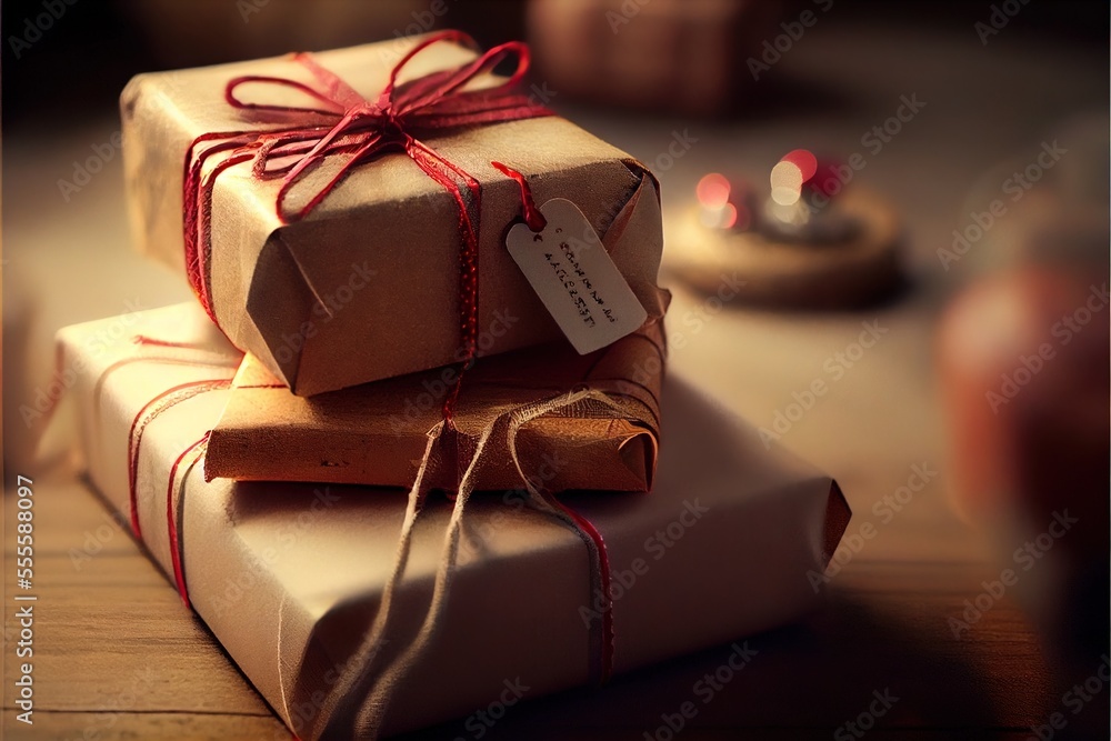Poster a stack of wrapped presents with a tag on them sitting on a table next to a candle and a teapot. gen