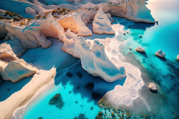 Drone overhead image of Sarakiniko Beach in Greece's Milos Island, which has white rock formations and cliffs encircled by blue seas in the Aegean Sea. Generative AI - obrazy, fototapety, plakaty