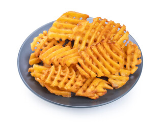 Fried Waffle Potato on black dish isolate on white with clipping path.Waffle french fried appetizer food.