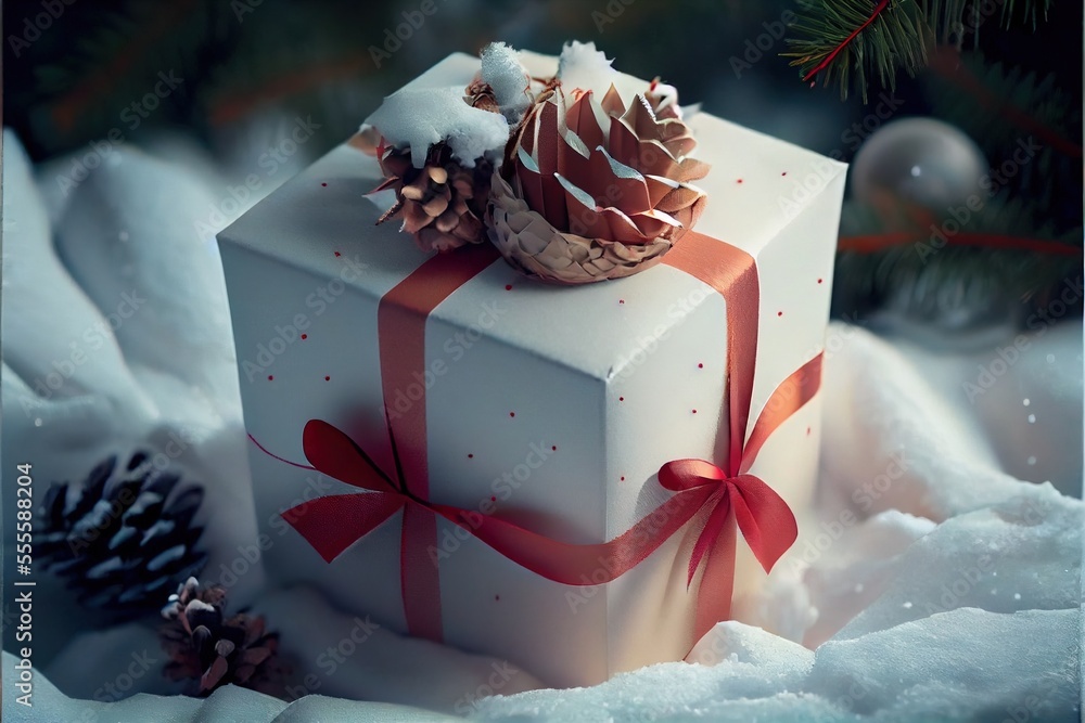 Poster a white present box with a red ribbon and a pine cone on top of it in the snow with a pine cone on t