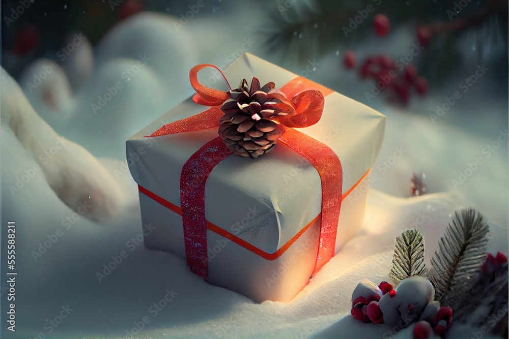 Poster a white present box with a red ribbon and a pine cone on top of it in the snow with pine cones. gene