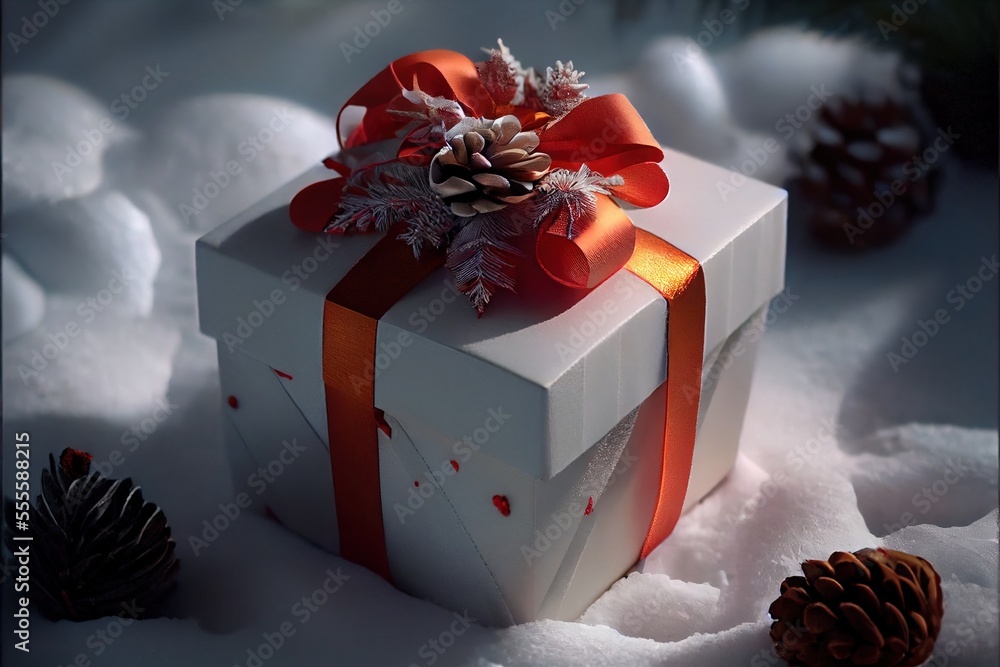Poster a white box with a red ribbon and a pine cone on top of it in the snow with pine cones. generative a