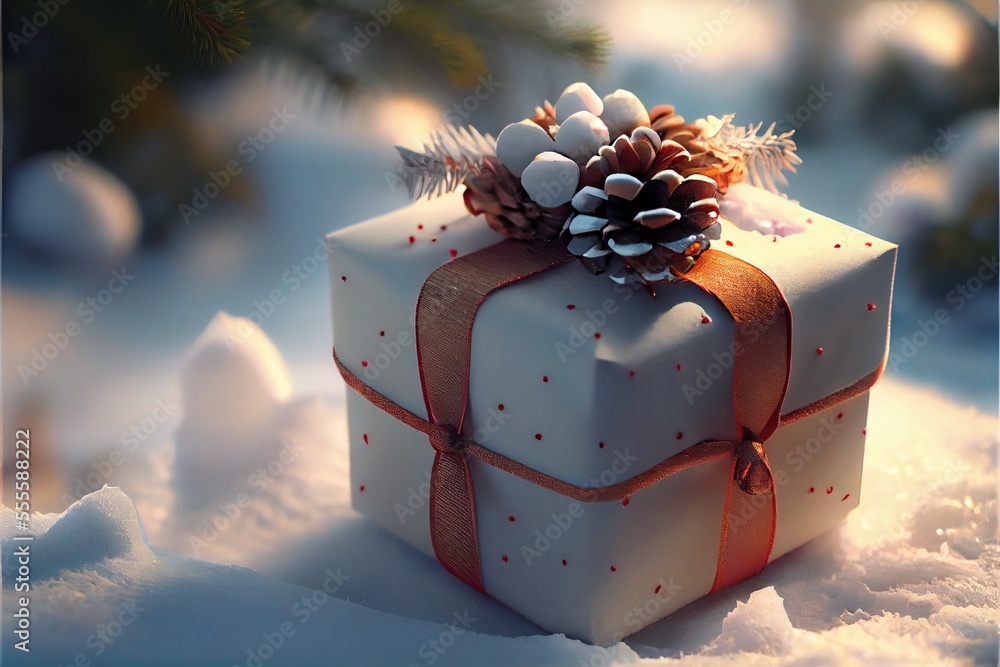 Poster a white present box with a pine cone on top of it in the snow with a ribbon and a bow. generative ai