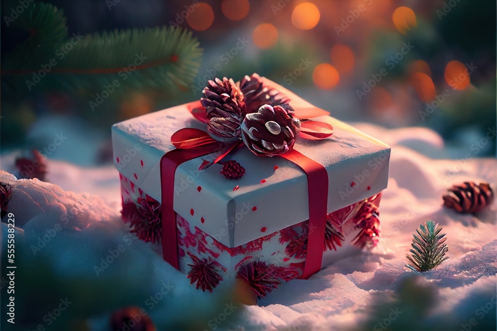 Poster a white present box with a red ribbon and a pine cone on top of it in the snow with pine cones and c