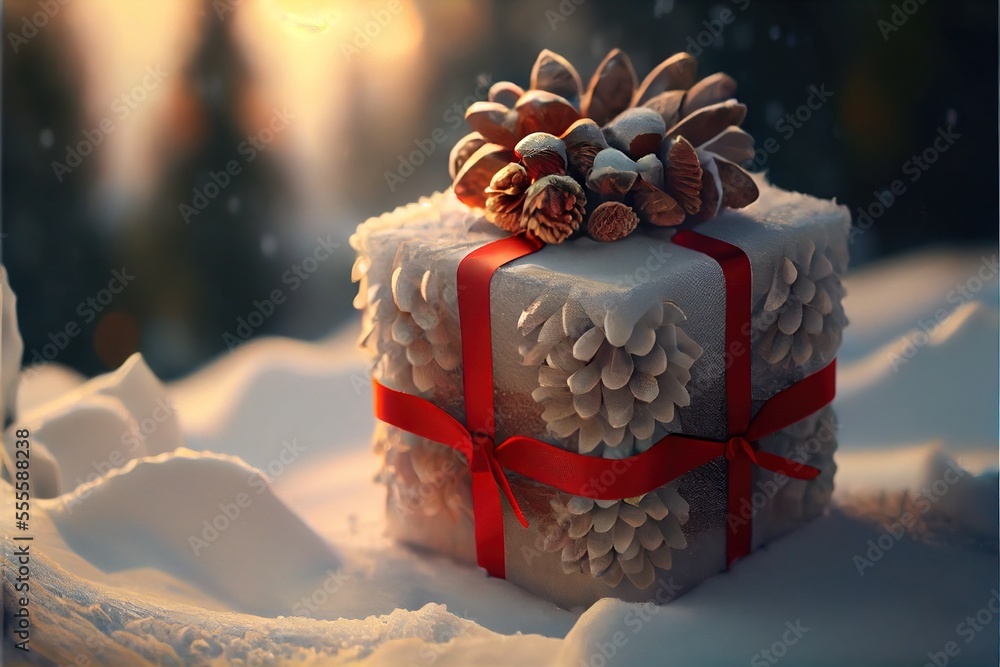Poster a cake with a red ribbon and pine cones on top of it in the snow with a sun in the background. gener