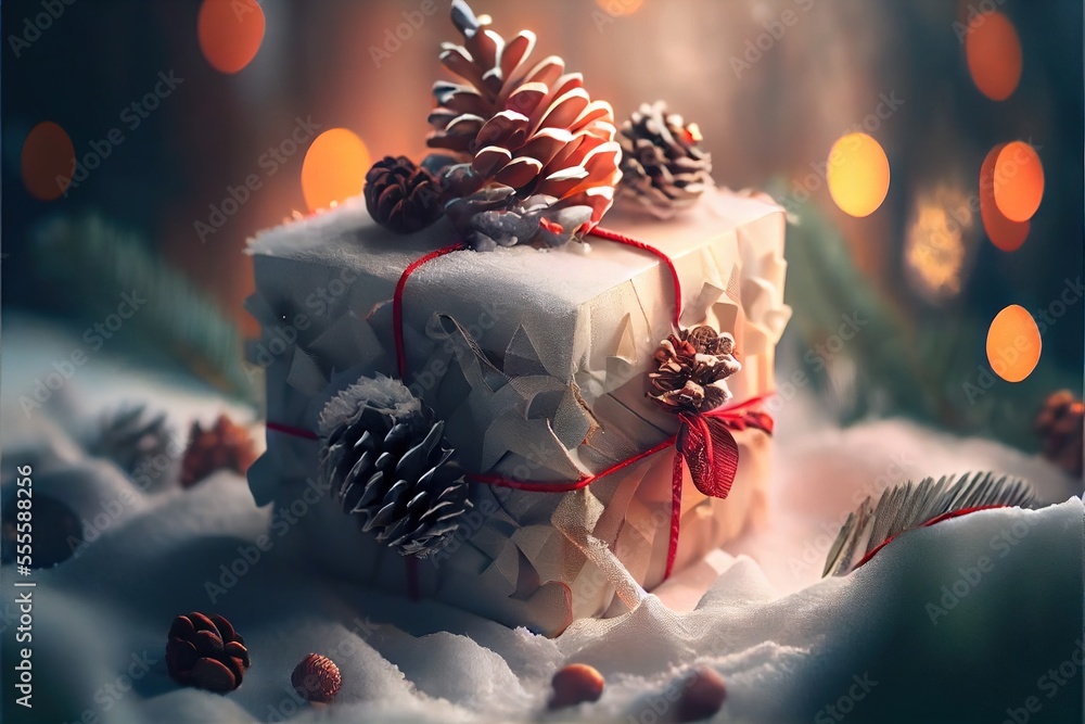 Poster a present wrapped in paper with pine cones and cones on top of it. generative ai